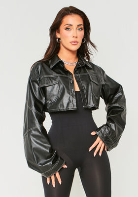 Bethanie Black PU Contrast Seam Cropped Jacket Bethanie Black PU Contrast Seam Cropped Jacket