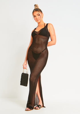 Lana Black Crochet Side Split Maxi Dress Lana Black Crochet Side Split Maxi Dress