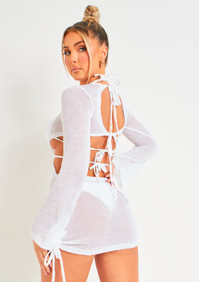 Gloria White Ruched Cut Out Mesh Knit Dress Gloria White Ruched Cut Out Mesh Knit Dress