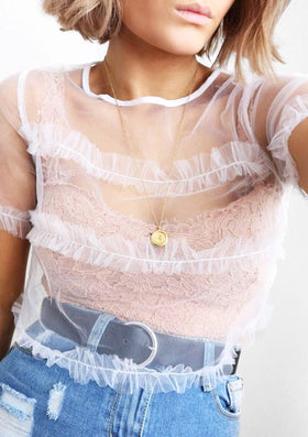 Alda White Short Sleeve Sheer Crop Top Alda White Short Sleeve Sheer Crop Top