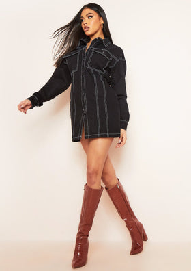 Amy Black Denim Contrast Stitch Mini Dress Amy Black Denim Contrast Stitch Mini Dress