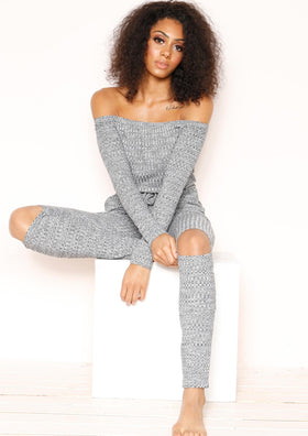 Allie Grey Knit Ripped Knee Bardot Jumpsuit Allie Grey Knit Ripped Knee Bardot Jumpsuit