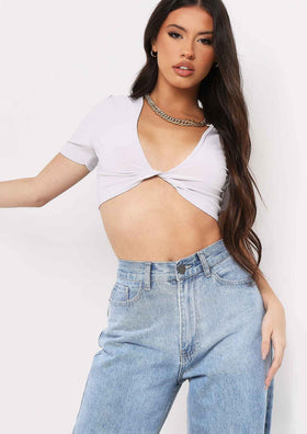Maya Grey Slinky Twist Front Crop Top Maya Grey Slinky Twist Front Crop Top