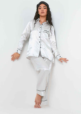 Ella White Satin Missy Empire Wide Leg Pyjama Set