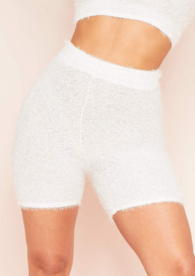 Seena White Fluffy Knit High Waist Shorts