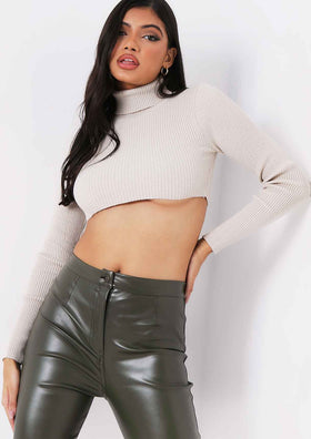 Agnese Beige Super Crop Roll Neck Knitted Jumper Agnese Beige Super Crop Roll Neck Knitted Jumper