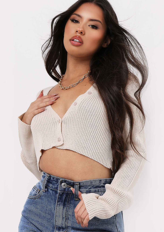 Jalia Stone Super Cropped Ribbed Knitted Cardigan