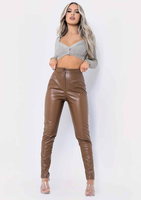 Urmi Brown Vegan Leather PU Skinny Trousers