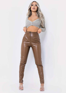 Urmi Brown Vegan Leather PU Skinny Trousers Urmi Brown Vegan Leather PU Skinny Trousers
