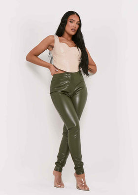 Urmi Khaki Vegan Leather PU Skinny Trousers Urmi Khaki Vegan Leather PU Skinny Trousers