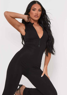 Lauren Black Sleeveless Thick Jersey Zip Up Jumpsuit Lauren Black Sleeveless Thick Jersey Zip Up Jumpsuit