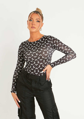 Caroline Black And White Moon Print Bodysuit Caroline Black And White Moon Print Bodysuit