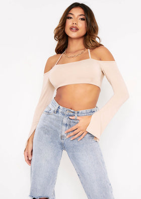 Maura Beige Bardot Halterneck Strap Split Sleeve Crop Top Maura Beige Bardot Halterneck Strap Split Sleeve Crop Top