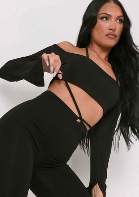Maura Black Bardot Halterneck Strap Split Sleeve Crop Top Maura Black Bardot Halterneck Strap Split Sleeve Crop Top