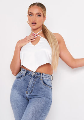 Aliyah Ivory Cross Strap Satin Tie Pointed Hem Top Aliyah Ivory Cross Strap Satin Tie Pointed Hem Top