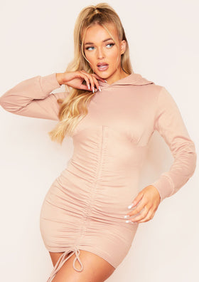 Hayley Camel Ruched Front Hooded Jumper Mini Dress