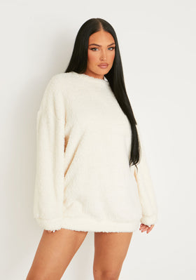 Bethany Cream Fluffy Borg V Back Jumper Dress Bethany Cream Fluffy Borg V Back Jumper Dress