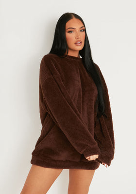 Bethany Chocolate Fluffy Borg V Back Jumper Dress Bethany Chocolate Fluffy Borg V Back Jumper Dress