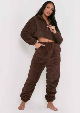 Yasmine Chocolate Fluffy Teddy Borg Casual Oversized Joggers Yasmine Chocolate Fluffy Teddy Borg Casual Oversized Joggers