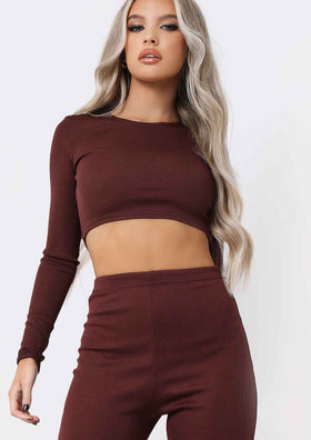Anila Chocolate Long Sleeve Thick Bandage Rib Crop Top Anila Chocolate Long Sleeve Thick Bandage Rib Crop Top
