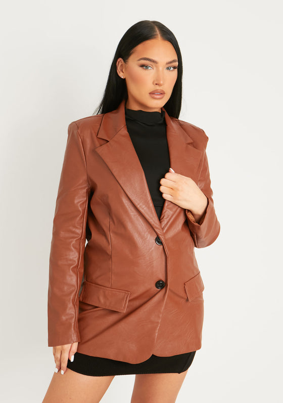 Jess Chocolate Faux Leather Oversized Blazer