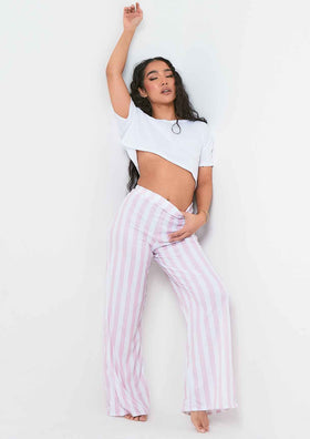 Caitlin White & Pink Stripe T-Shirt and Trouser Pyjama Set