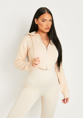 Daniella Beige Dip Hem Zip Up Cropped Hoodie Daniella Beige Dip Hem Zip Up Cropped Hoodie