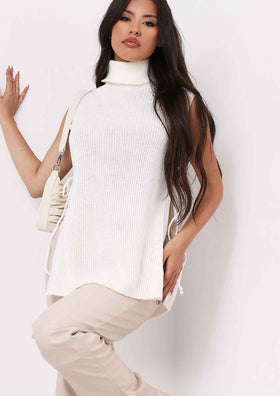 Cheryl Cream Knitted Roll Neck Tie Side Vest Cheryl Cream Knitted Roll Neck Tie Side Vest