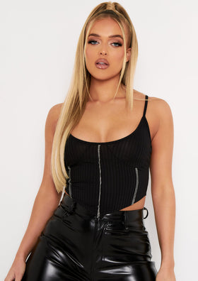 Natalya Black Rib Contrast Stitch Corset Top Natalya Black Rib Contrast Stitch Corset Top