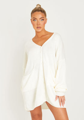 Freya Cream Knitted Oversized Button Through V-Neck Cardigan Dress Freya Cream Knitted Oversized Button Through V-Neck Cardigan Dress