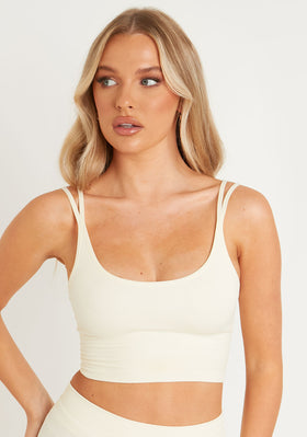 Kara Cream Seamless Ribbed Scoop Neck Double Strap Crop Top Kara Cream Seamless Ribbed Scoop Neck Double Strap Crop Top