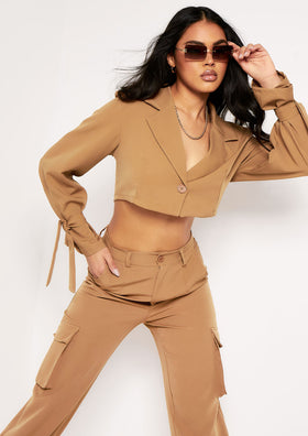 Emma Camel Tie Detail Cropped Blazer Emma Camel Tie Detail Cropped Blazer