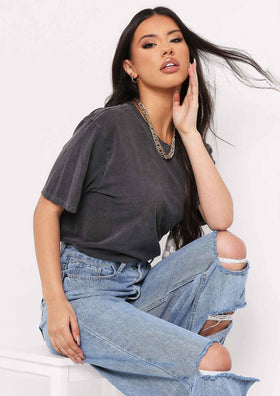 Dahlia Charcoal Acid Wash Oversized Crew Neck T-Shirt Dahlia Charcoal Acid Wash Oversized Crew Neck T-Shirt