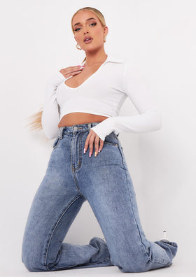 Leona Cream V Neck Collar Ribbed Crop Top Leona Cream V Neck Collar Ribbed Crop Top