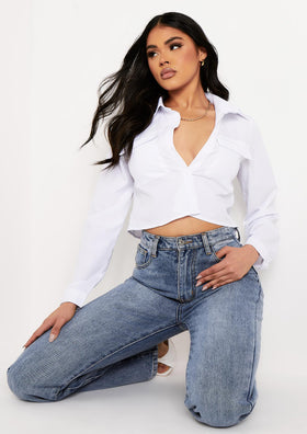 Dulci White Pocket Front Crop Shirt Dulci White Pocket Front Crop Shirt