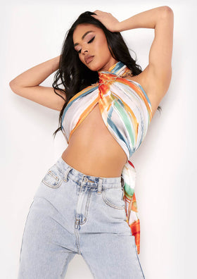 Madina Orange Printed Satin Halterneck Crop Top Madina Orange Printed Satin Halterneck Crop Top