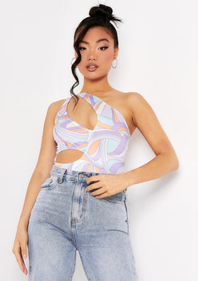Jazmin Lilac Printed One Shoulder Cut Out Bodysuit Jazmin Lilac Printed One Shoulder Cut Out Bodysuit