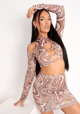 Keeley Brown Swirl Print Cut Out Long Sleeve Crop Top Keeley Brown Swirl Print Cut Out Long Sleeve Crop Top