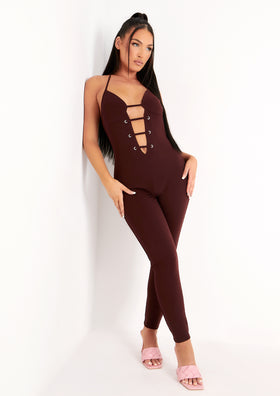 Reese Chocolate Plunge Detail Halterneck Jumpsuit Reese Chocolate Plunge Detail Halterneck Jumpsuit