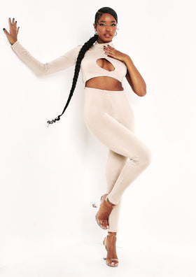 Amber Beige Double Layer Cut Out One Sleeve Jumpsuit Amber Beige Double Layer Cut Out One Sleeve Jumpsuit