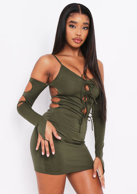 Lalie Khaki Cut Out Tie Mini Dress Lalie Khaki Cut Out Tie Mini Dress