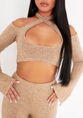 Helena Beige Knitted Halterneck Cut Out Crop Top Helena Beige Knitted Halterneck Cut Out Crop Top