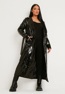 Malin Black Vinyl Faux Leather Belted Button Through Trench Coat