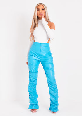 Darelle Blue High Waisted Ruched PU Trousers Darelle Blue High Waisted Ruched PU Trousers