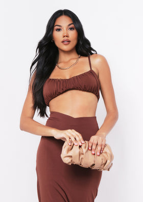 Shahena Chocolate Ruched Strappy Bralet Crop Top Shahena Chocolate Ruched Strappy Bralet Crop Top