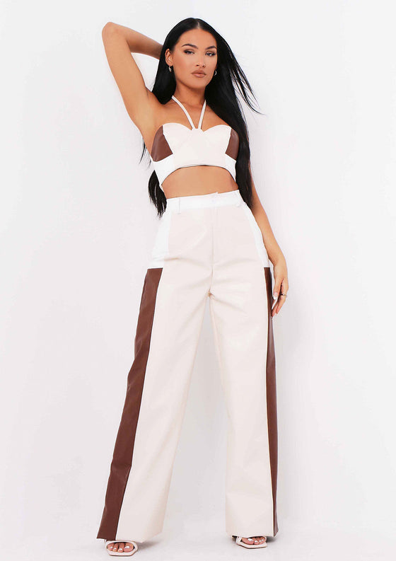 Evie Cream Colourblock PU Trousers