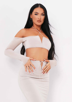 Aziza Sand Halterneck V Bar Cold Shoulder Crop Top Aziza Sand Halterneck V Bar Cold Shoulder Crop Top