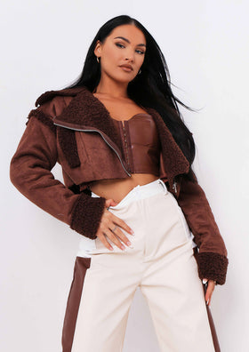 Cindy Chocolate Cropped Zipped Borg Coat Cindy Chocolate Cropped Zipped Borg Coat