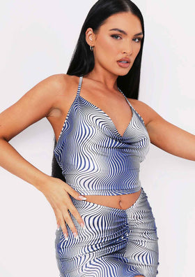 Abbie Blue Printed Cowl Neck Crop Top Abbie Blue Printed Cowl Neck Crop Top