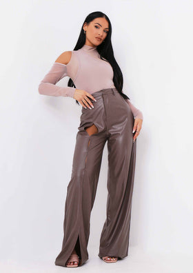 Tamika Chocolate Keyhole Cut Out High Waisted PU Trousers